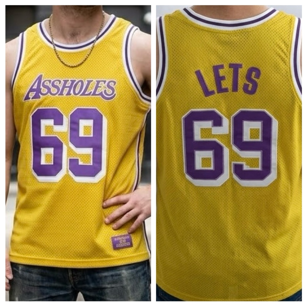 Assholes Live Forever “Let’s 69” Basketball Jersey Lakers Colors Size XL Trashy